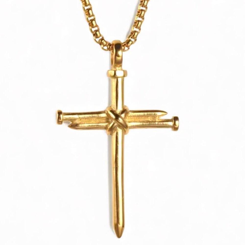 NEW - 3 NAILS CROSS PENDANT ZINC ALLOY NECKLACE - GOLD 24 INCH